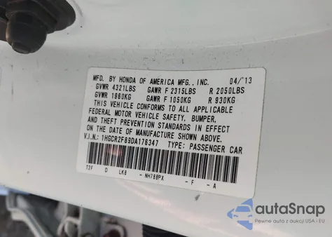 2013 Honda Accord Ex-L из США, поврежденный, VIN 1HGCR2F89DA176347